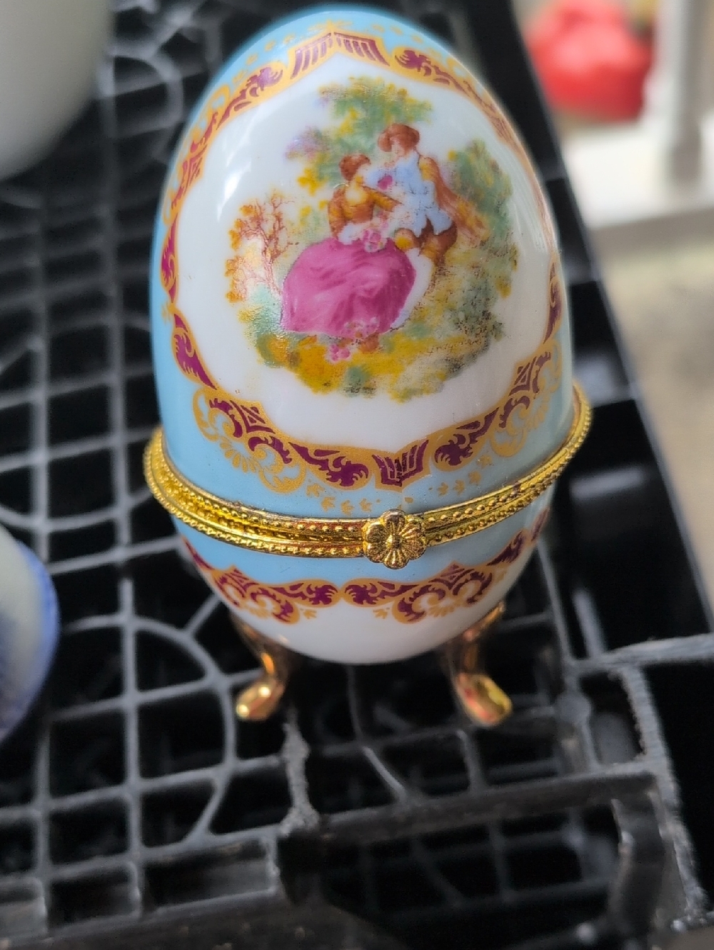 Porcelain Trinket Egg Jewelry Box with Romantic Scene